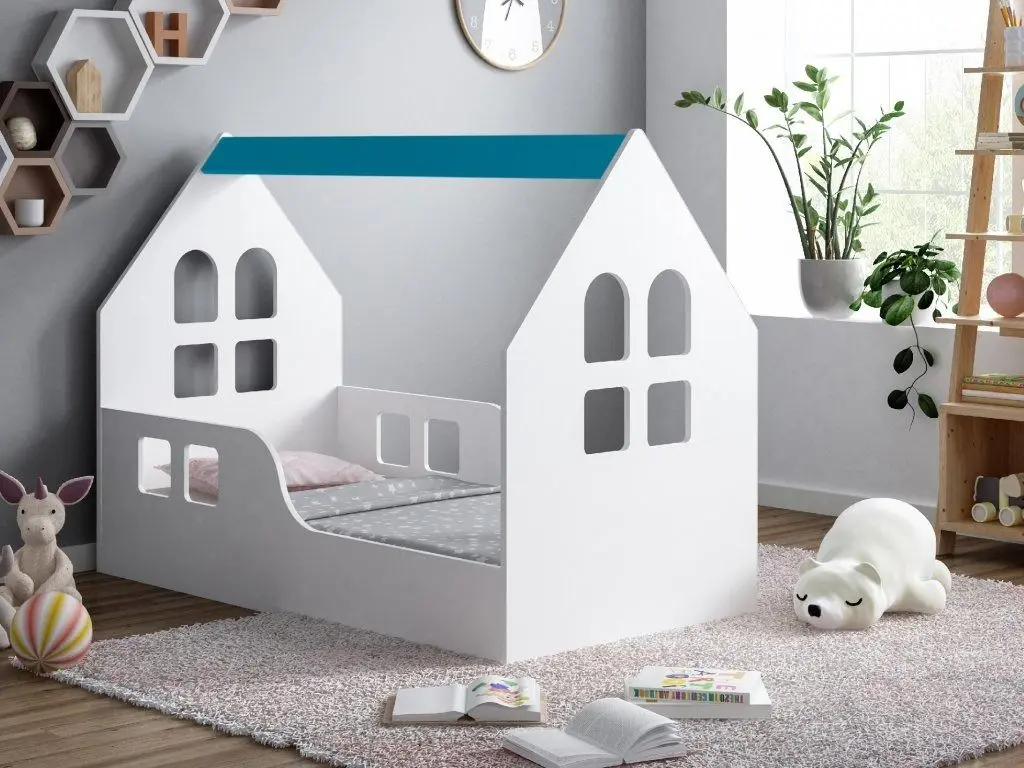 Pat-casuta Happy Babies House Windows L03 80x160 (White/Blue)