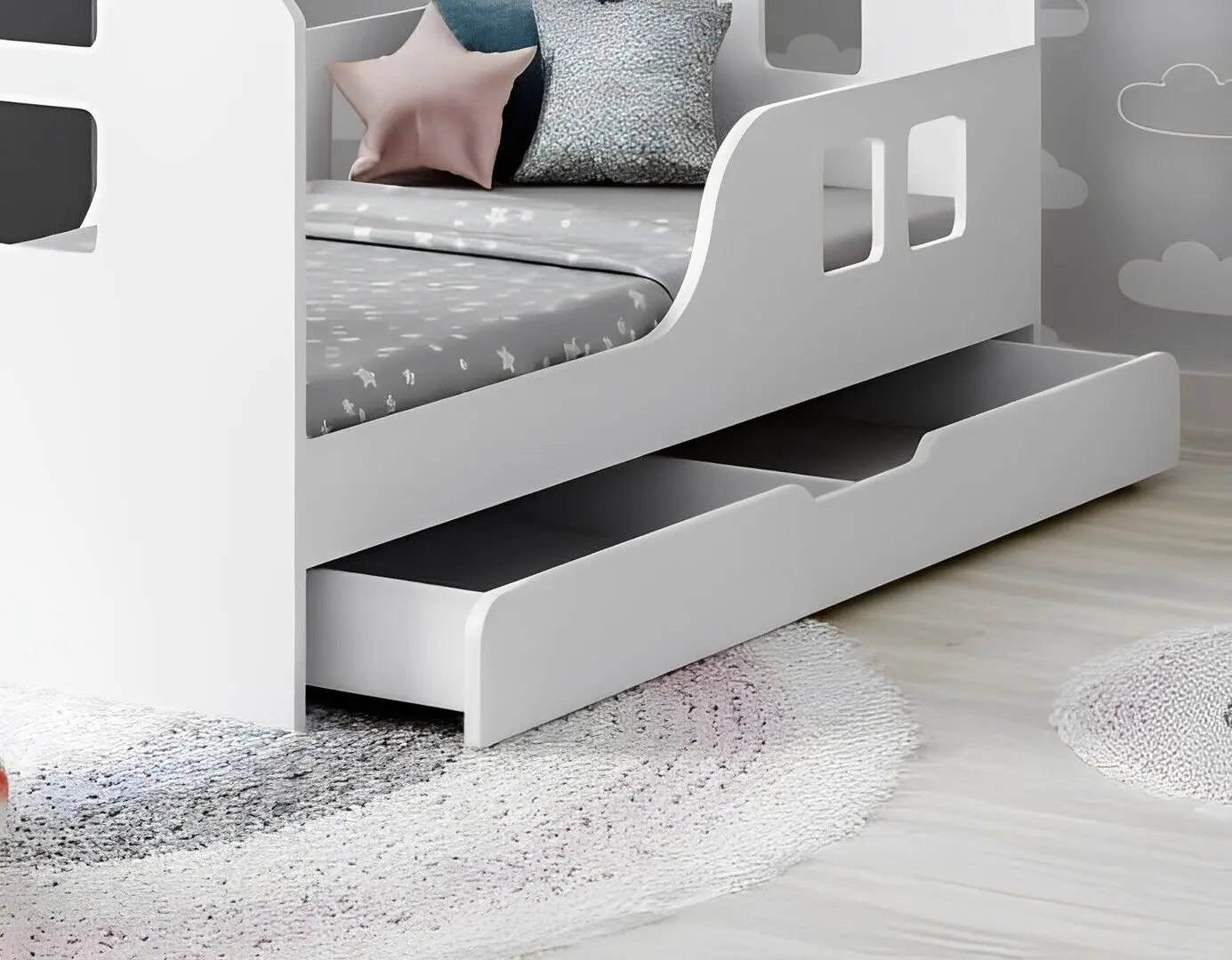 Pat casuta Happy Babies House Windows L04 cu sertar 80x160 (White)