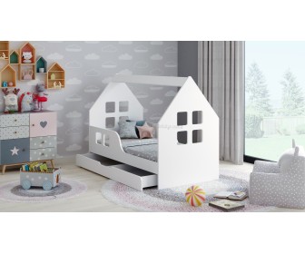 Pat casuta Happy Babies House Windows L04 cu sertar 80x160 (White)