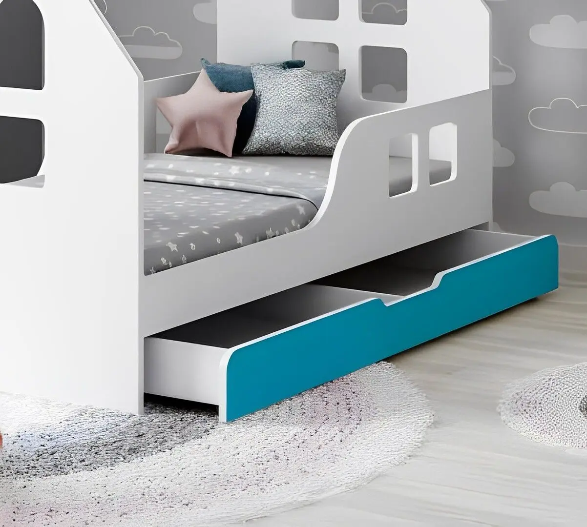 Pat casuta Happy Babies House Windows L04 cu sertar 80x160 (White/Blue)