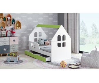 Pat casuta Happy Babies House Windows L04 cu sertar 80x160 (White/Pastel Green)