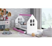 Pat casuta Happy Babies House Windows L04 cu sertar 80x160 (White/Pink)