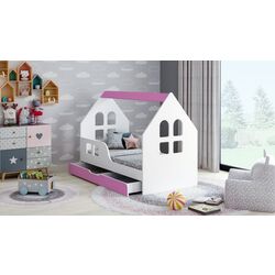 Pat casuta Happy Babies House Windows L04 cu sertar 80x160 (White/Pink)