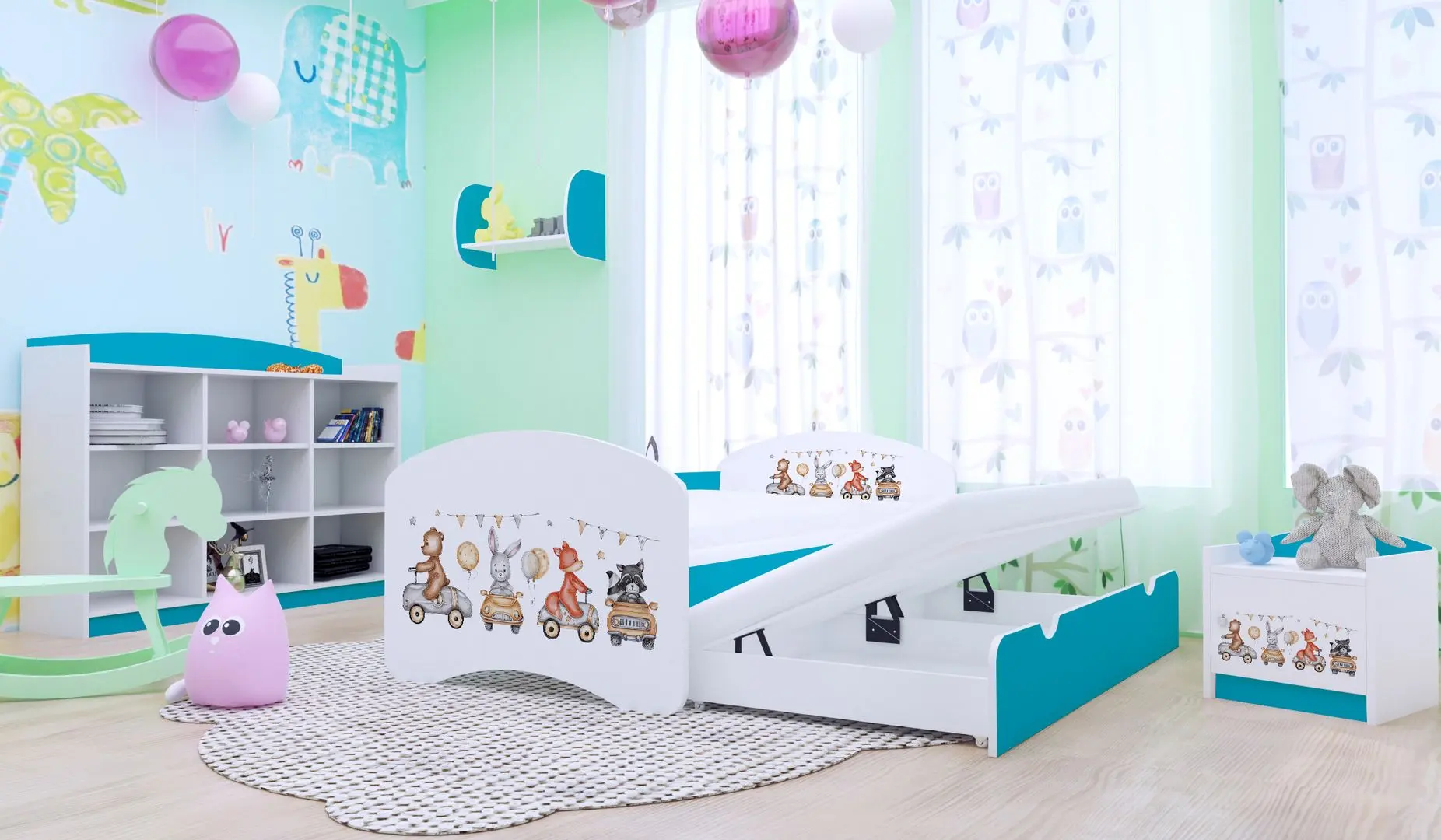 Pat Happy Babies Happy Animals And Cars cu pat retractabil 80x160 (White/Blue)