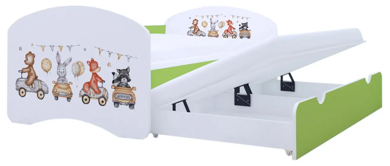 Pat Happy Babies Happy Animals And Cars cu pat retractabil 80x160 (White/Pastel Green)