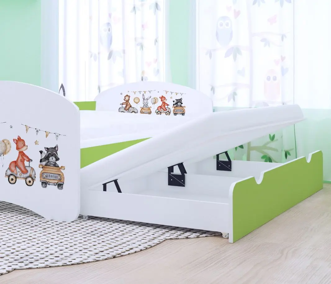 Pat Happy Babies Happy Animals And Cars cu pat retractabil 80x160 (White/Pastel Green)