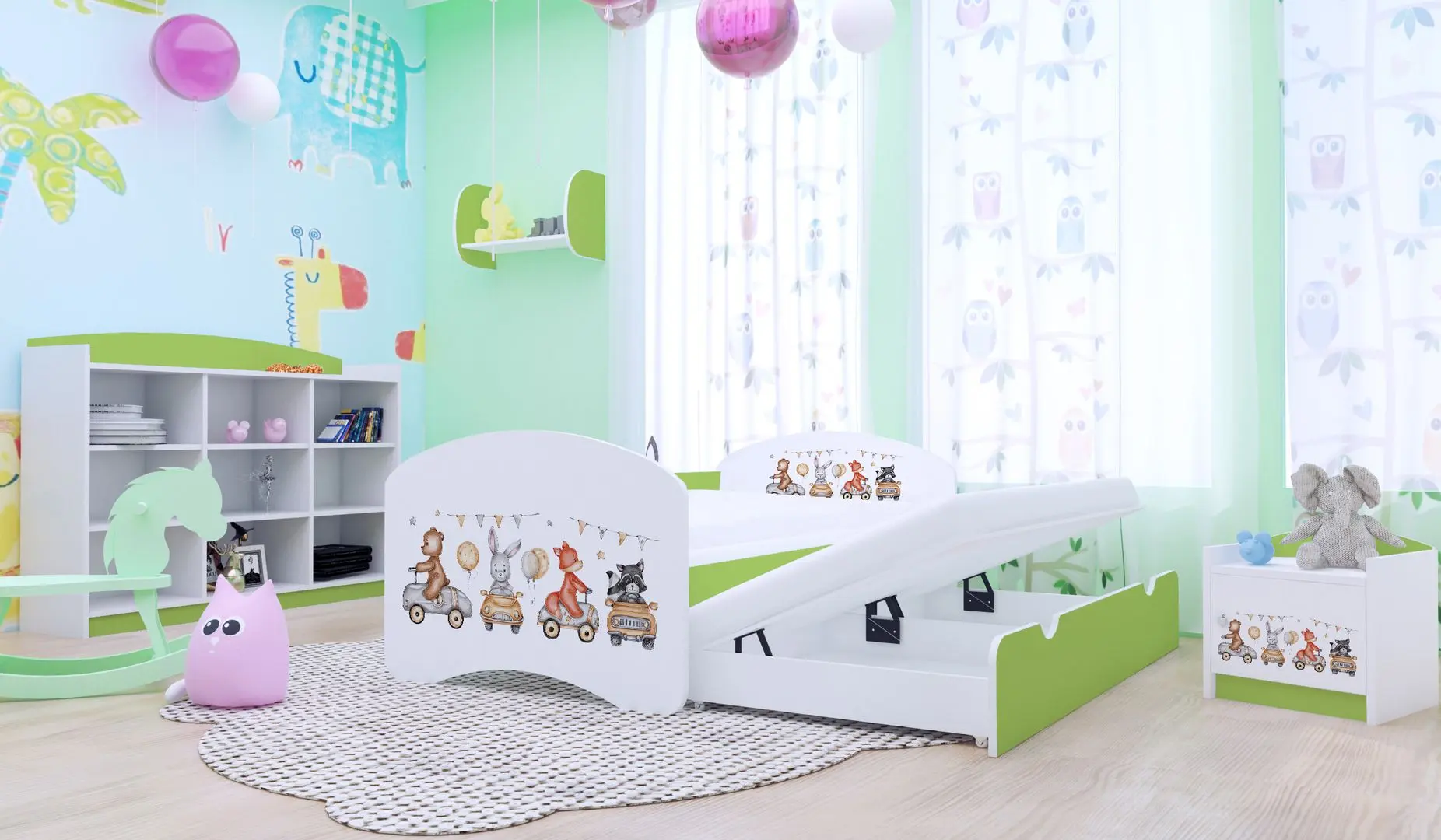 Pat Happy Babies Happy Animals And Cars cu pat retractabil 80x160 (White/Pastel Green)