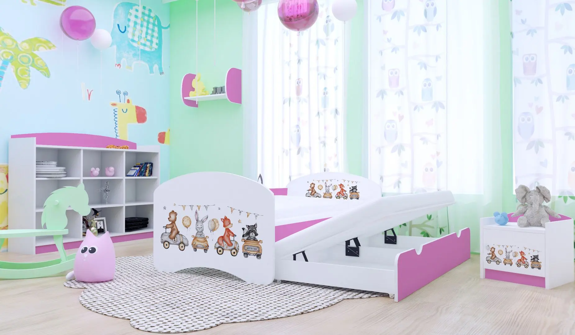 Pat Happy Babies Happy Animals And Cars cu pat retractabil 80x160 (White/Pink)