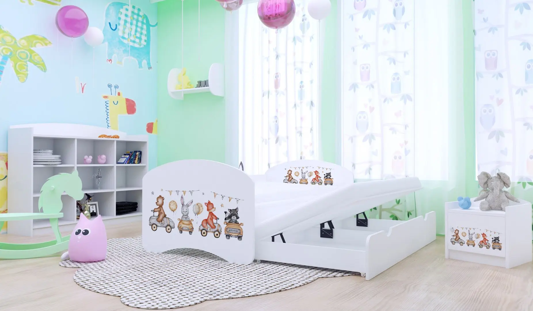 Pat Happy Babies Happy Animals And Cars cu pat retractabil 80x160 (White)