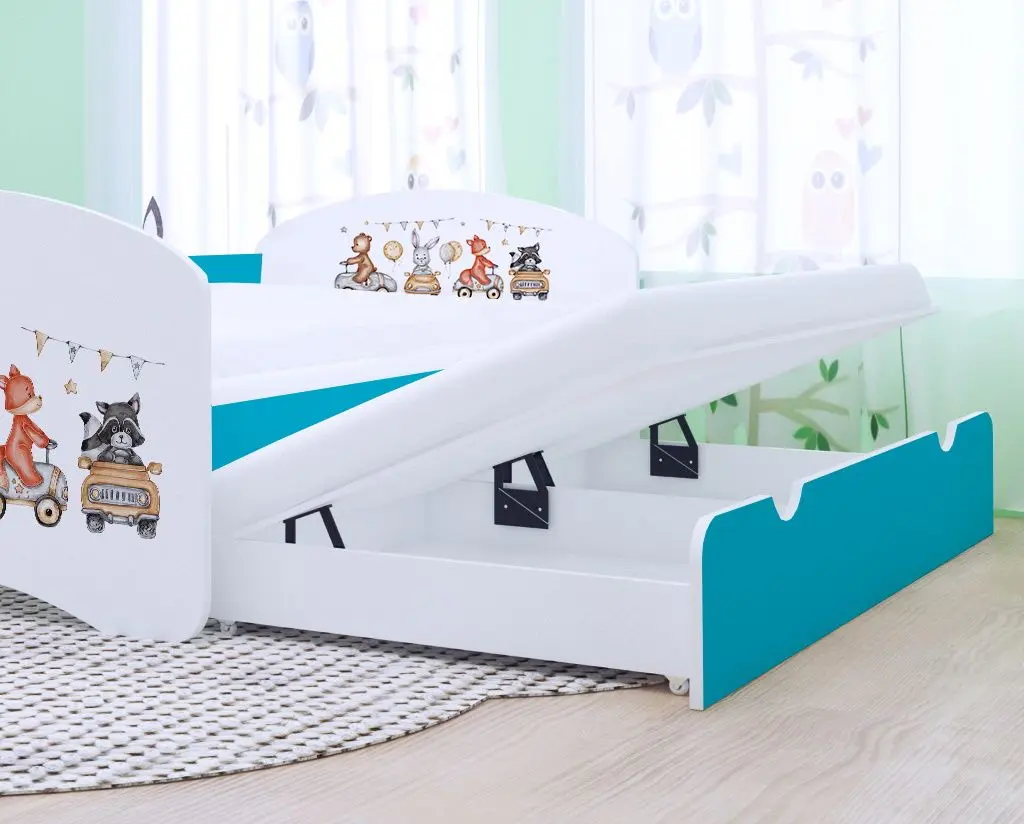 Pat Happy Babies Happy Animals And Cars cu pat retractabil 90x180 (White/Blue)