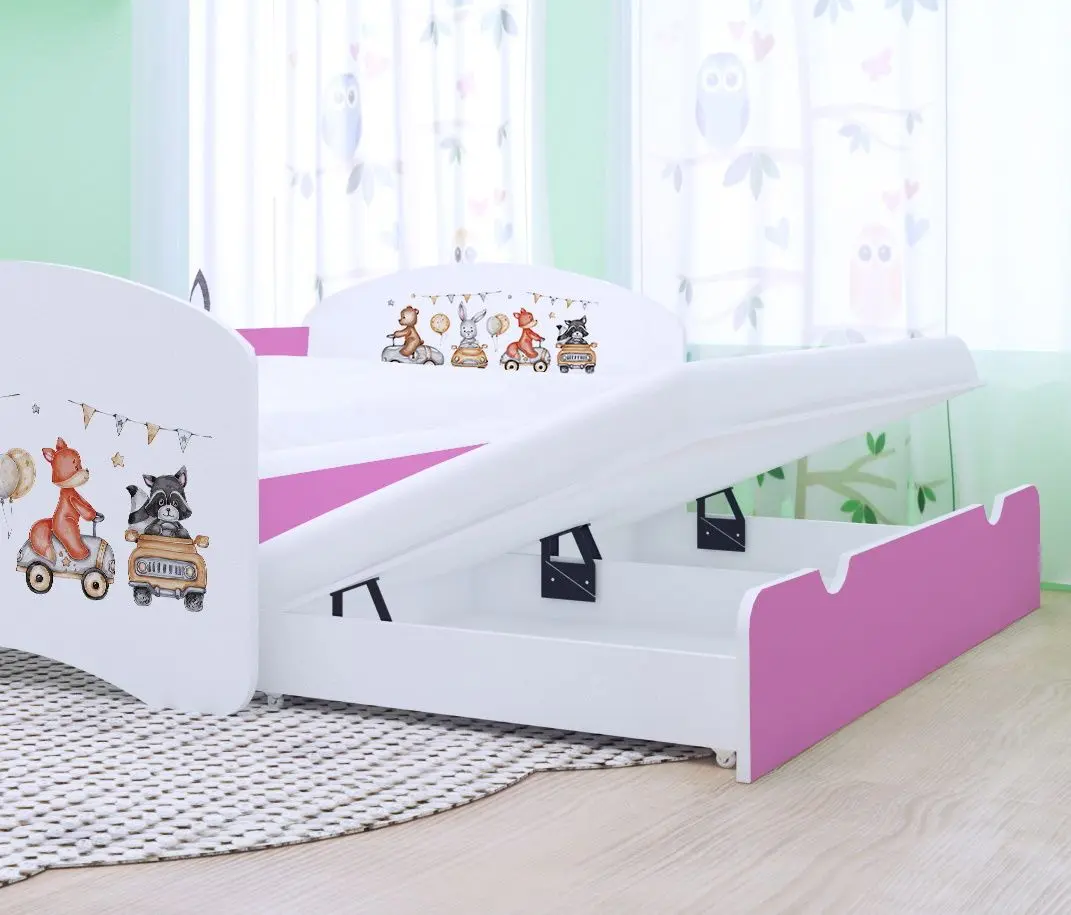 Pat Happy Babies Happy Animals And Cars cu pat retractabil 90x180 (White/Pink)