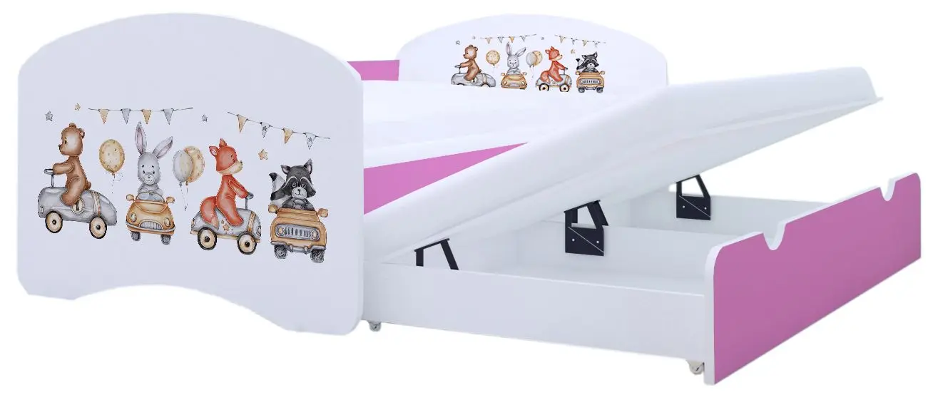 Pat Happy Babies Happy Animals And Cars cu pat retractabil 90x180 (White/Pink)