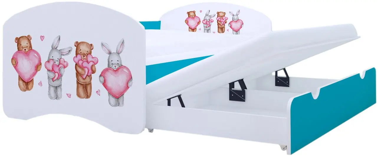 Pat Happy Babies Happy Animals with Heart cu pat retractabil 80x160 (White/Blue)