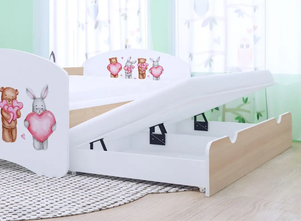 Pat Happy Babies Happy Animals with Heart cu pat retractabil 80x160 (White/Light Pear)