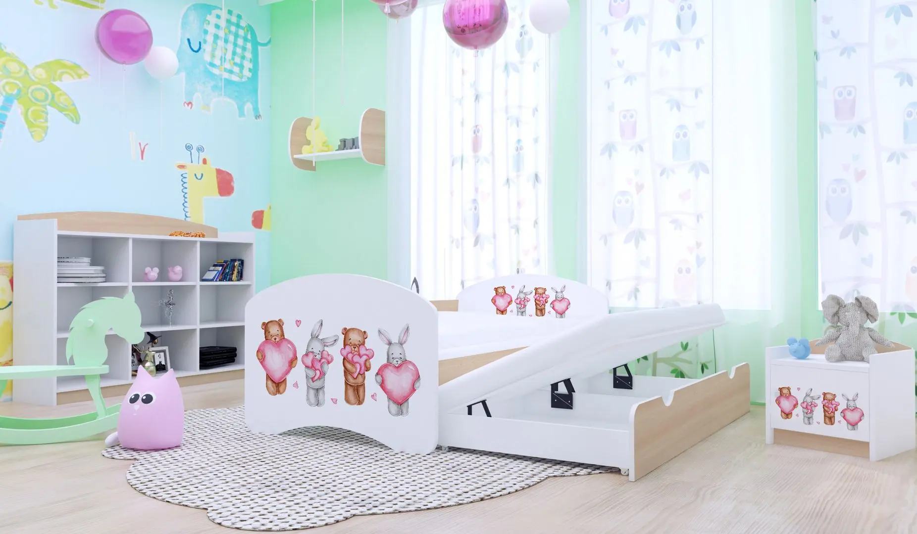 Pat Happy Babies Happy Animals with Heart cu pat retractabil 80x160 (White/Light Pear)