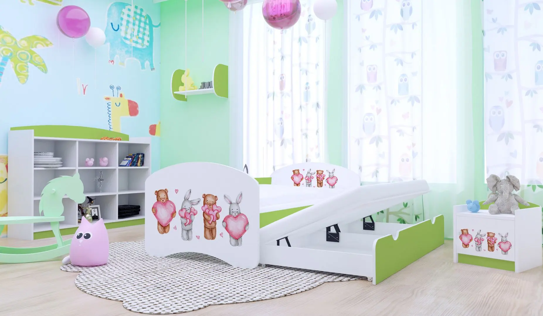 Кровать Happy Babies Happy Animals with Heart с выдвижной кроватью 80x160 (White/Pastel Green)