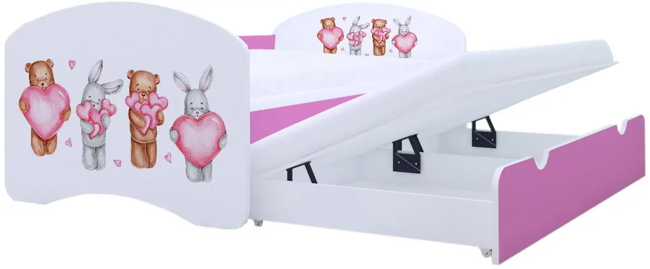 Pat Happy Babies Happy Animals with Heart cu pat retractabil 80x160 (White/Pink)