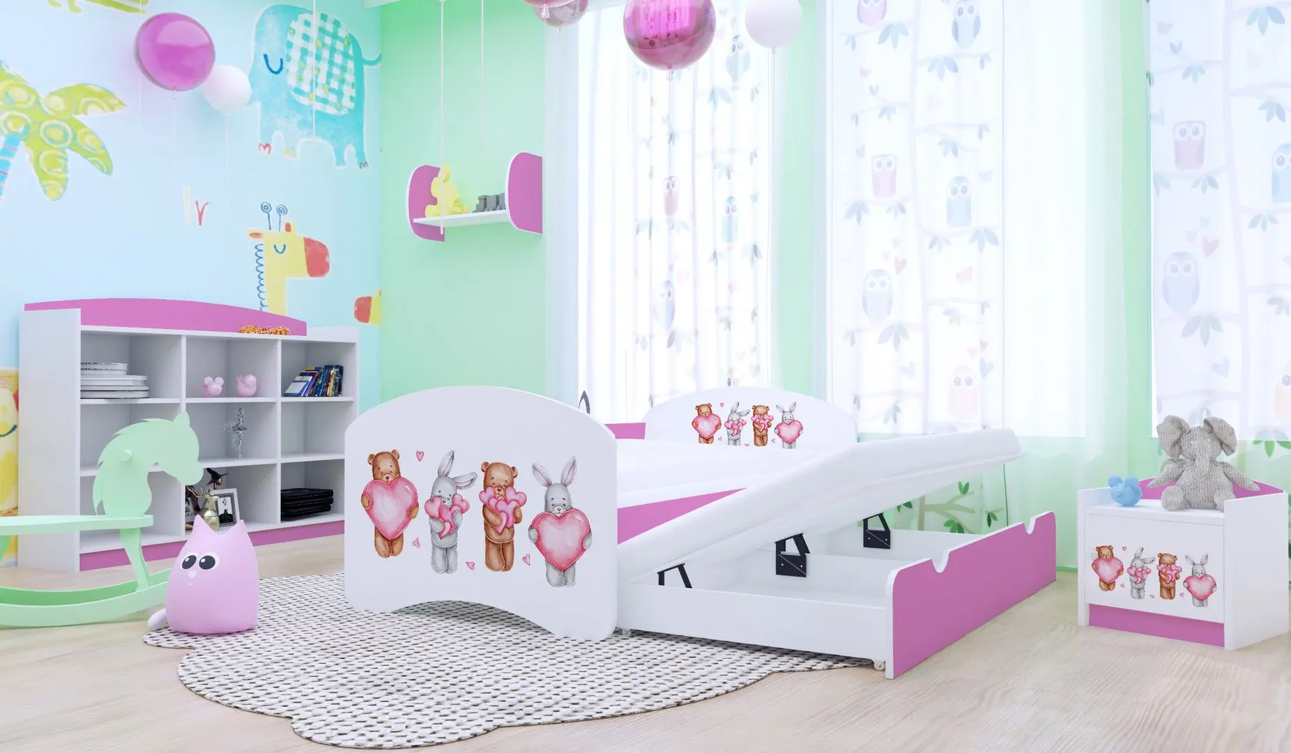 Pat Happy Babies Happy Animals with Heart cu pat retractabil 80x160 (White/Pink)