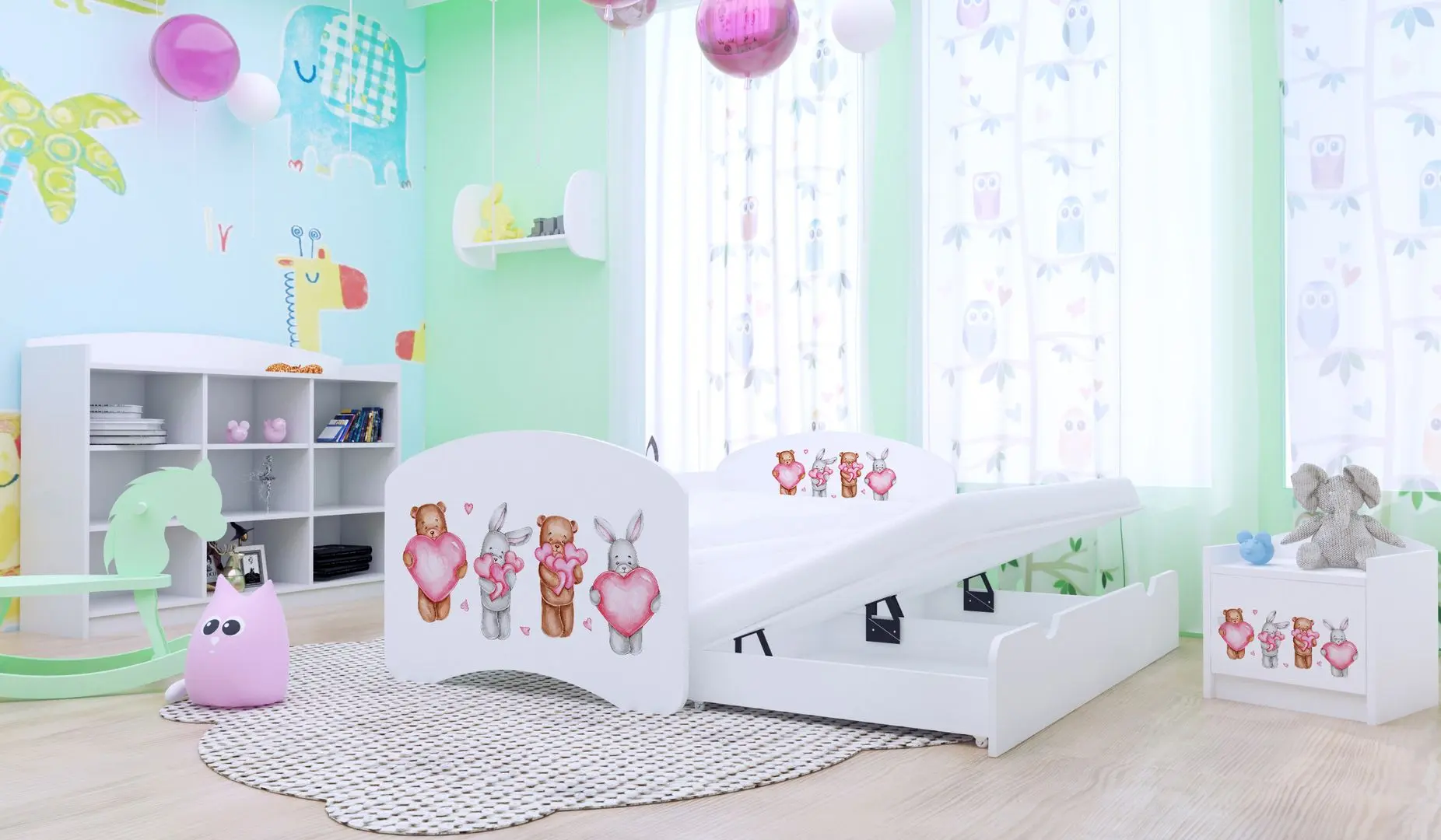 Pat Happy Babies Happy Animals with Heart cu pat retractabil 80x160 (White)