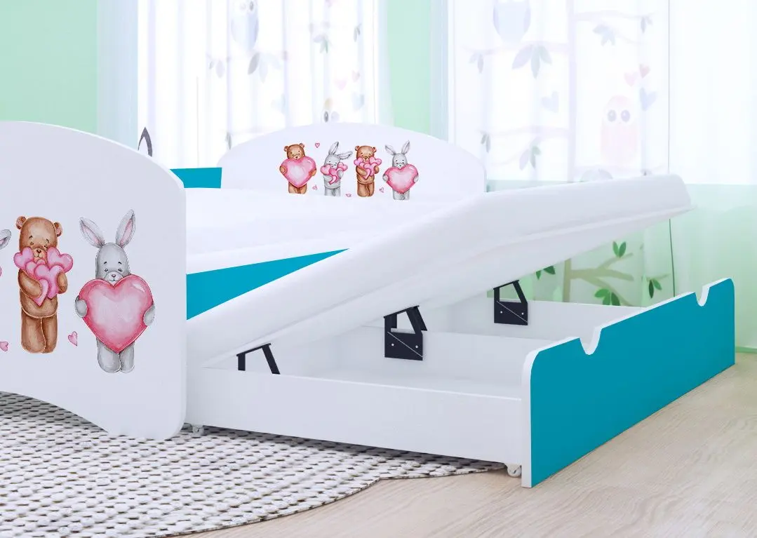 Pat Happy Babies Happy Animals with Heart cu pat retractabil 90x180 (White/Blue)