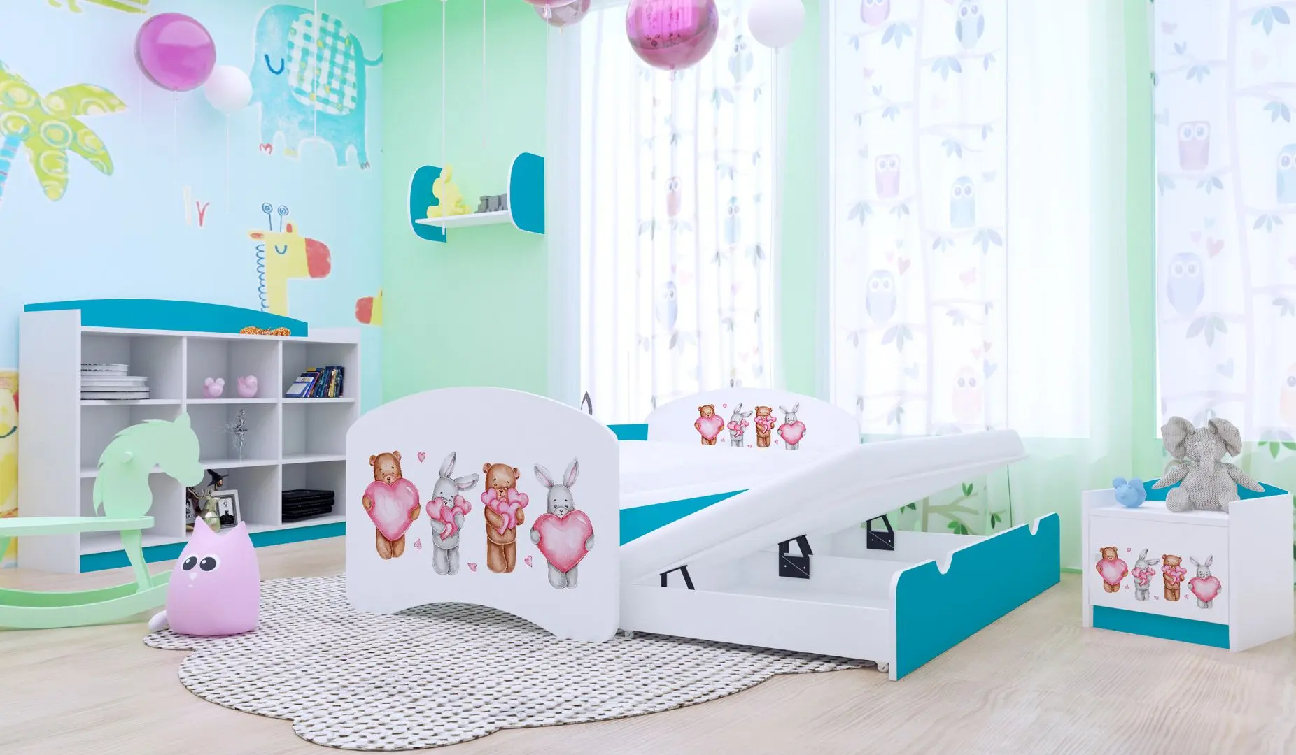 Pat Happy Babies Happy Animals with Heart cu pat retractabil 90x180 (White/Blue)