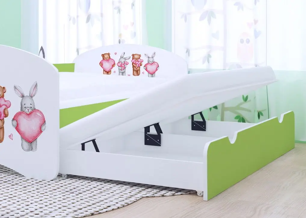 Pat Happy Babies Happy Animals with Heart cu pat retractabil 90x180 (White/Pastel Green)