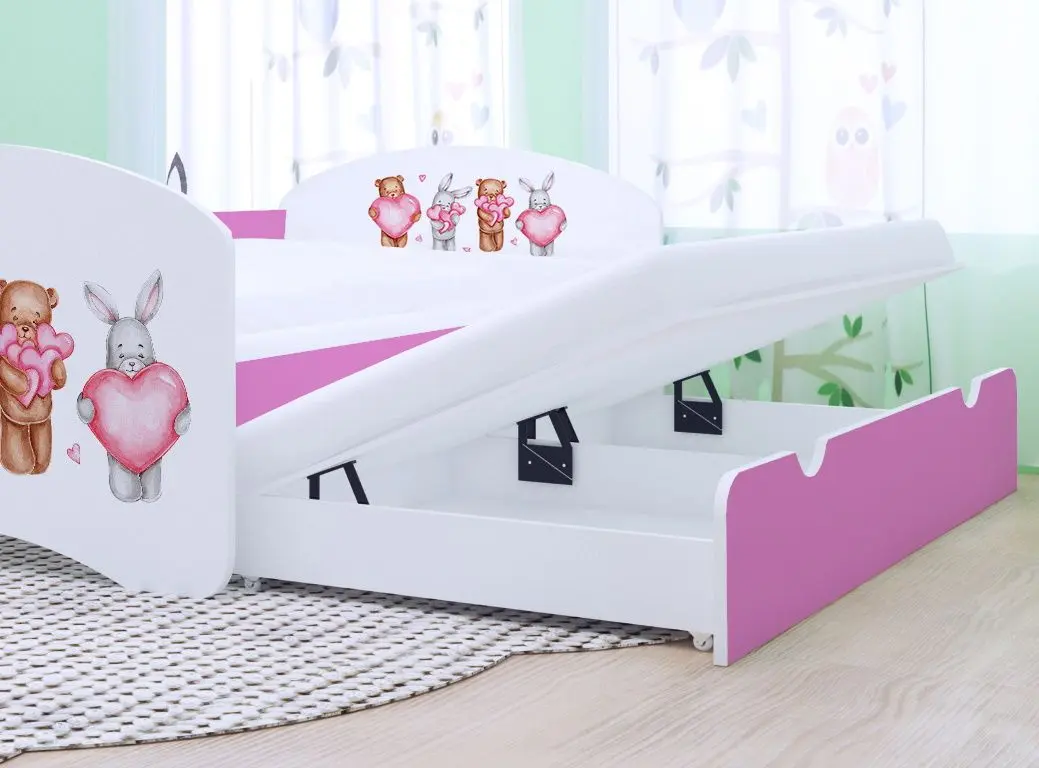 Pat Happy Babies Happy Animals with Heart cu pat retractabil 90x180 (White/Pink)