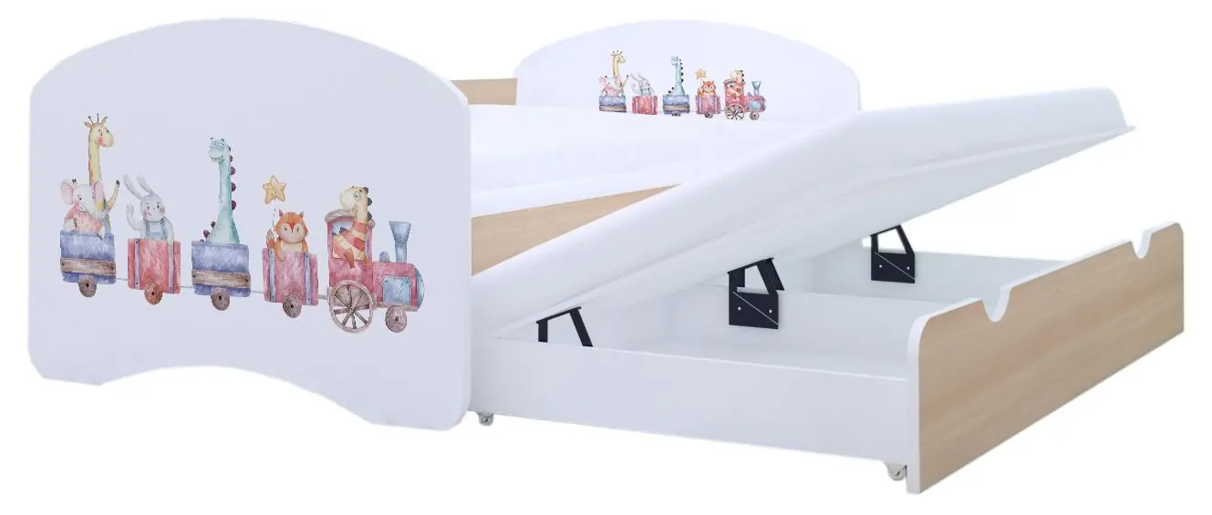 Pat Happy Babies Happy Pastel Animals cu pat retractabil 80x160 (White/Light Pear)