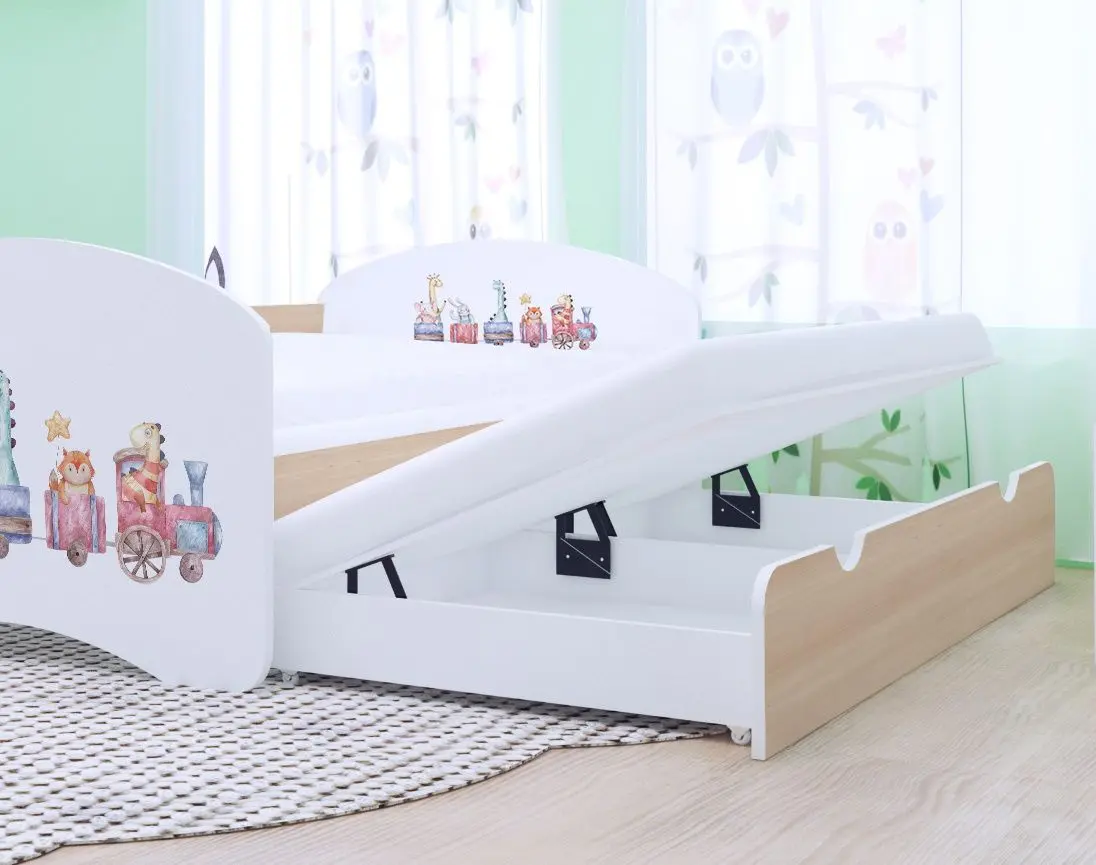 Pat Happy Babies Happy Pastel Animals cu pat retractabil 80x160 (White/Light Pear)