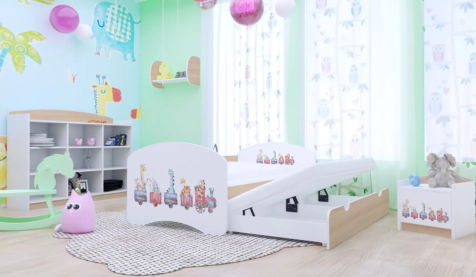 Pat Happy Babies Happy Pastel Animals cu pat retractabil 80x160 (White/Light Pear)