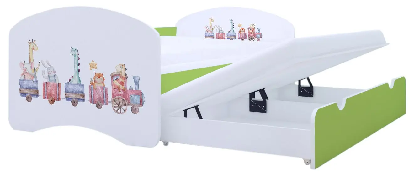 Pat Happy Babies Happy Pastel Animals cu pat retractabil 80x160 (White/Pastel Green)