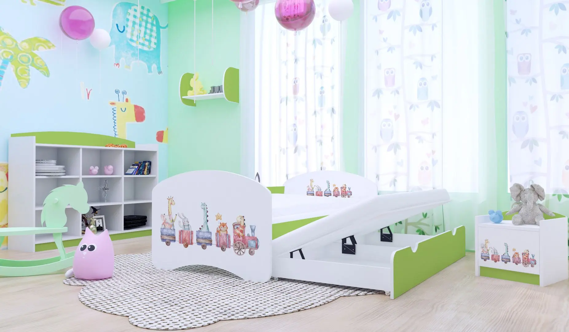 Pat Happy Babies Happy Pastel Animals cu pat retractabil 80x160 (White/Pastel Green)