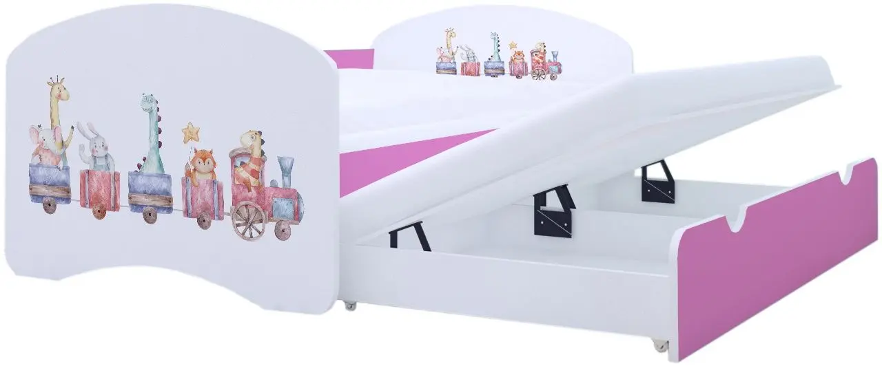 Pat Happy Babies Happy Pastel Animals cu pat retractabil 80x160 (White/Pink)