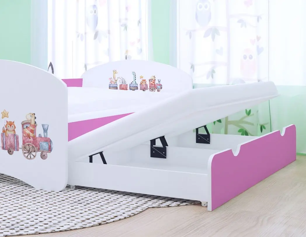 Pat Happy Babies Happy Pastel Animals cu pat retractabil 80x160 (White/Pink)