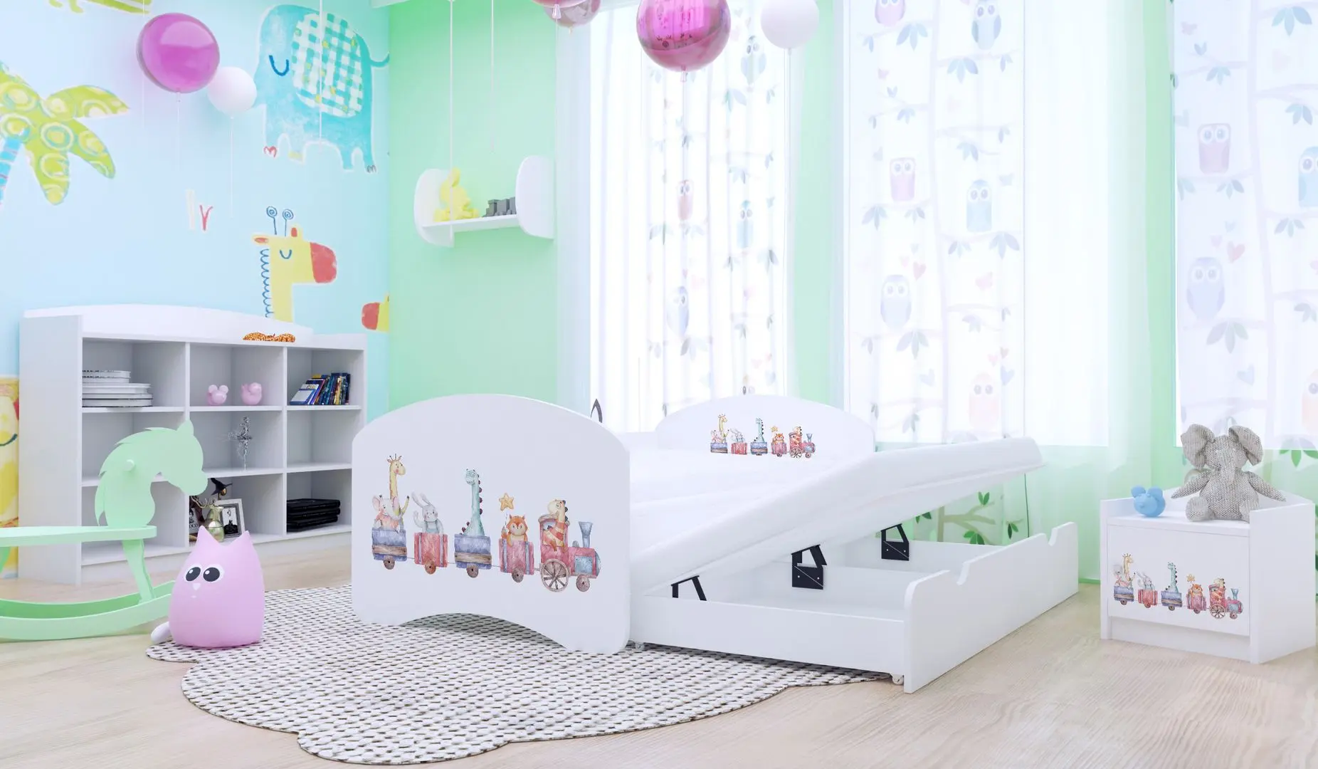 Pat Happy Babies Happy Pastel Animals cu pat retractabil 80x160 (White)