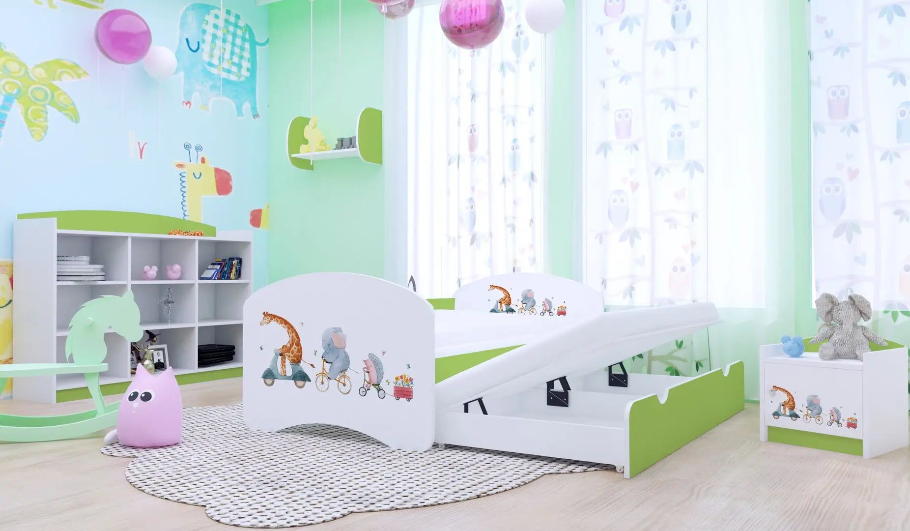 Pat Happy Babies Happy Pets cu pat retractabil 80x160 (White/Pastel Green)