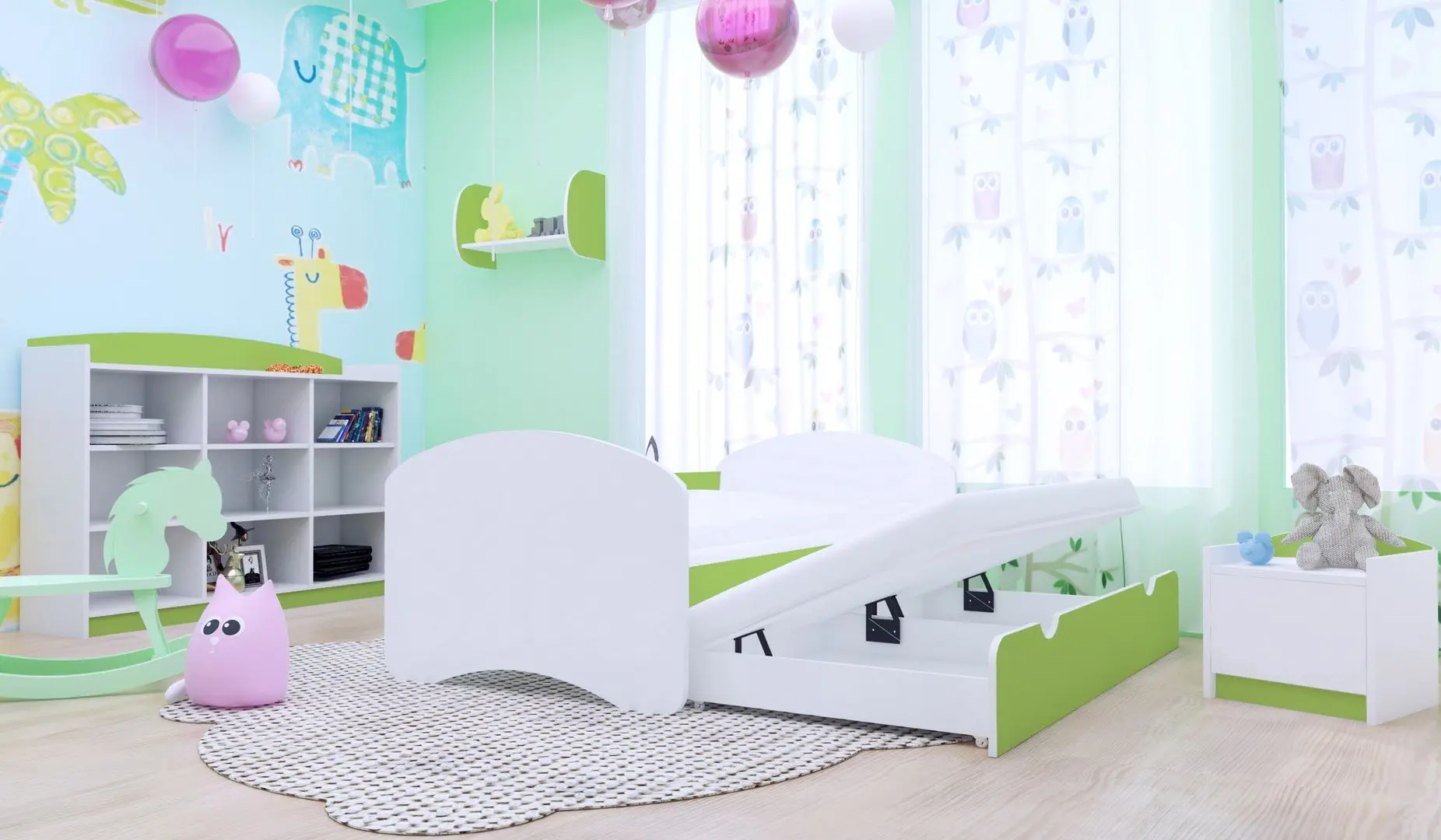 Pat Happy Babies Happy cu pat retractabil 80x160 (White/Pastel Green)