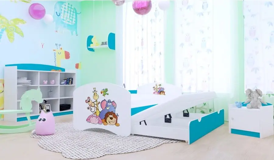 Pat Happy Babies Happy Safari cu pat retractabil 90x180 (White/Blue)