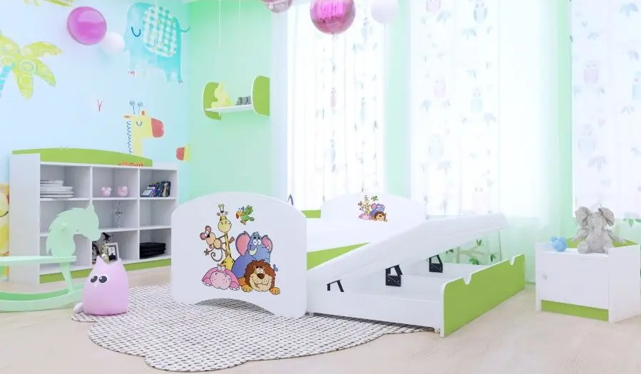 Pat Happy Babies Happy Safari cu pat retractabil 90x180 (White/Pastel Green)