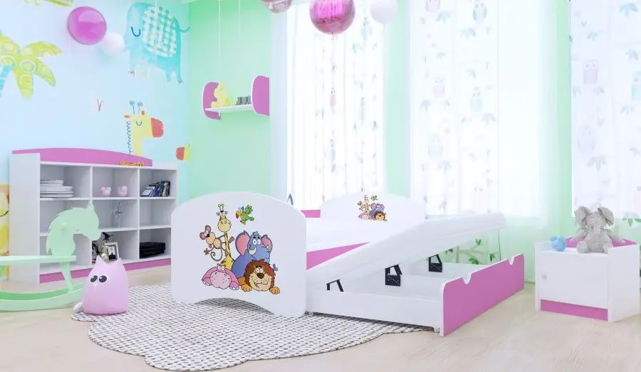 Pat Happy Babies Happy Safari cu pat retractabil 90x180 (White/Pink)