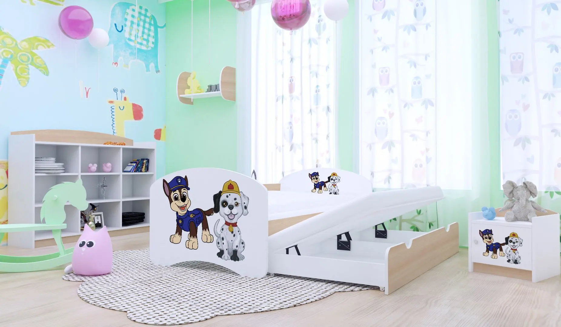 Pat Happy Babies Happy Two Dogs cu pat retractabil 90x180 (White/Light Pear)