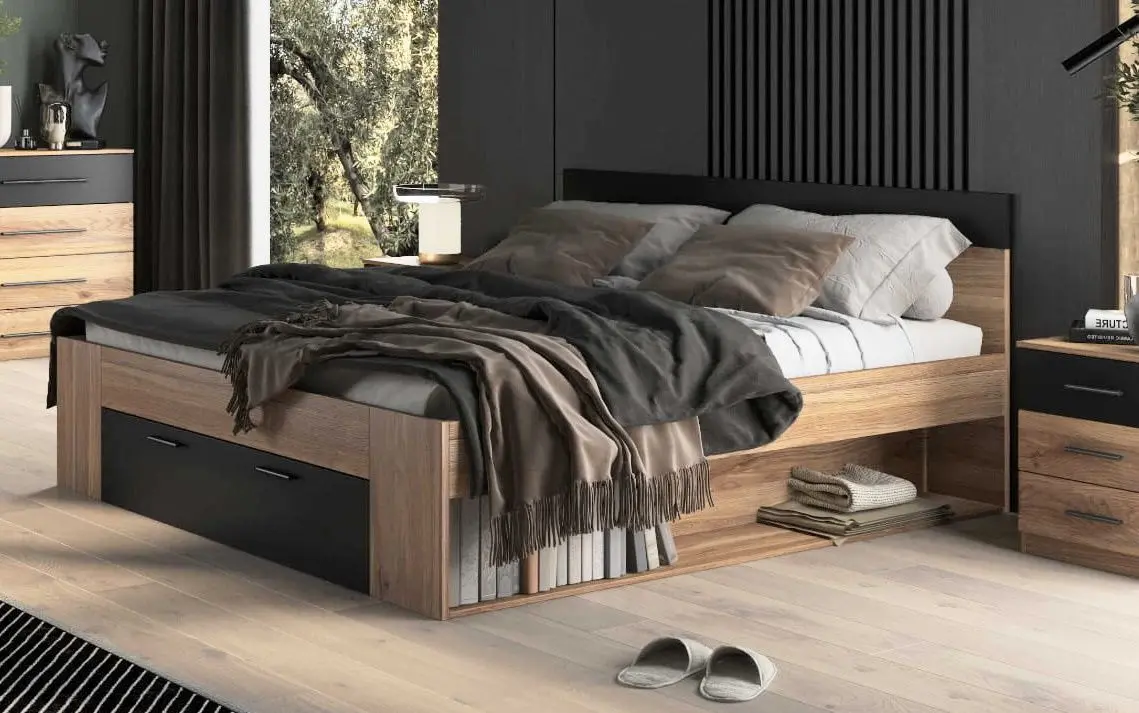Pat Helvetia Beta 22MW1691 cu sertare 160x200 (Mauvella Oak/Black)