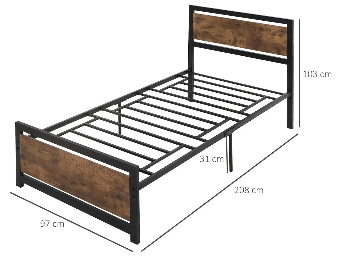 Кровать Homcom 831-418V01 90x200 cm (Rustic Brown/Black) - 6