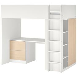 Pat suprapus Ikea Smastad cu birou/3 sertare 90х200 (Alb/Mesteacan)