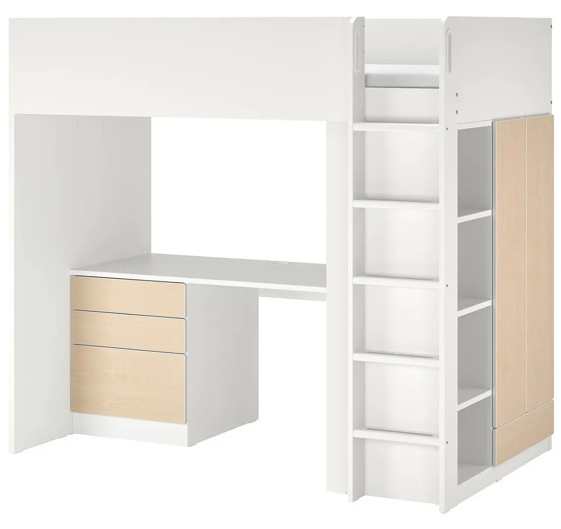 Двухъярусная кровать Ikea Smastad с письменным столом/4 ящика 90х200 (Белый/Береза)