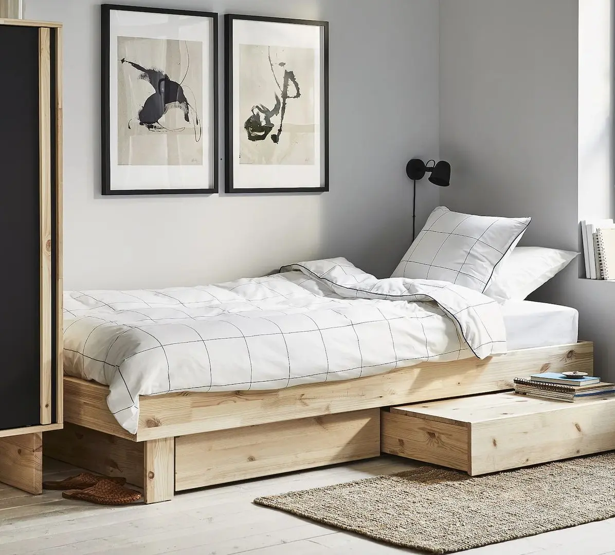 Pat continental Ikea Glamberget/Vesteroy extra ferma/cu depozitare 90x200 (Pin/Bleu)