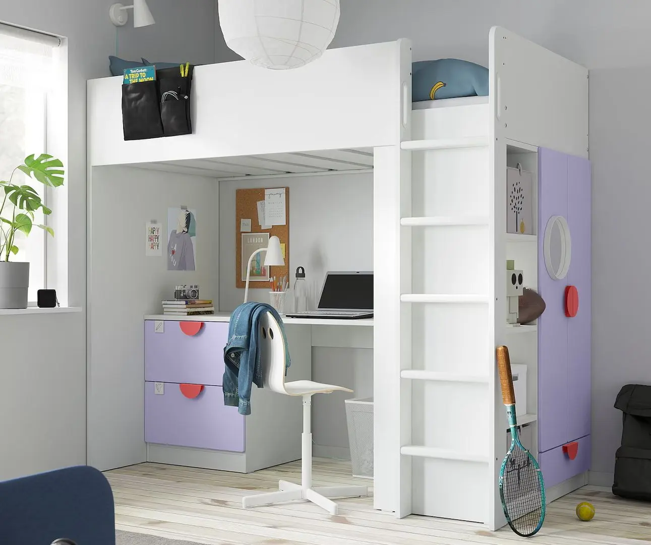 Кровать-чердак Ikea Smastad с письменным столом/3 ящика 90x200 (Белый/Лиловый)