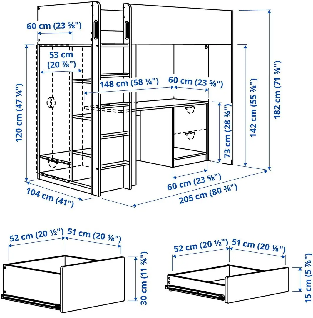 Кровать-чердак Ikea Smastad с письменным столом/3 ящика 90x200 (Белый/Синий)