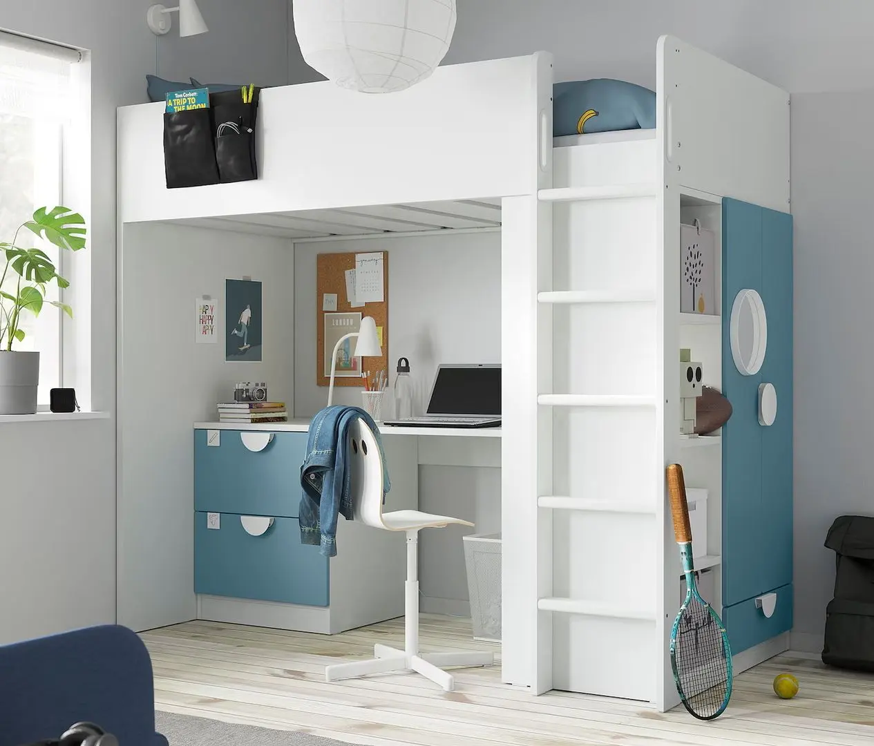 Кровать-чердак Ikea Smastad с письменным столом/3 ящика 90x200 (Белый/Синий)