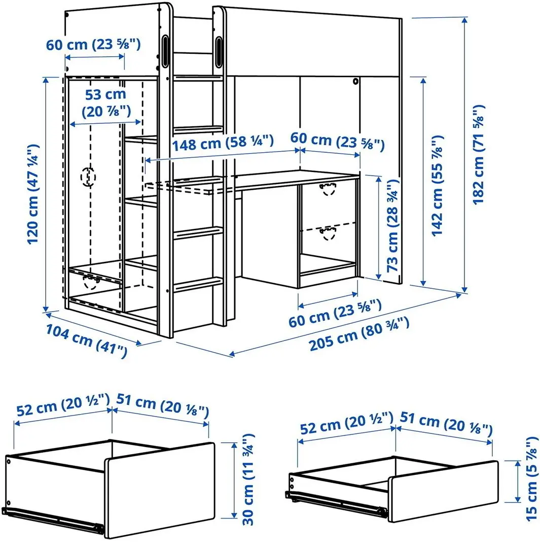 Кровать-чердак Ikea Smastad с письменным столом/3 ящика 90x200 (Белый/Светло-зелёный)